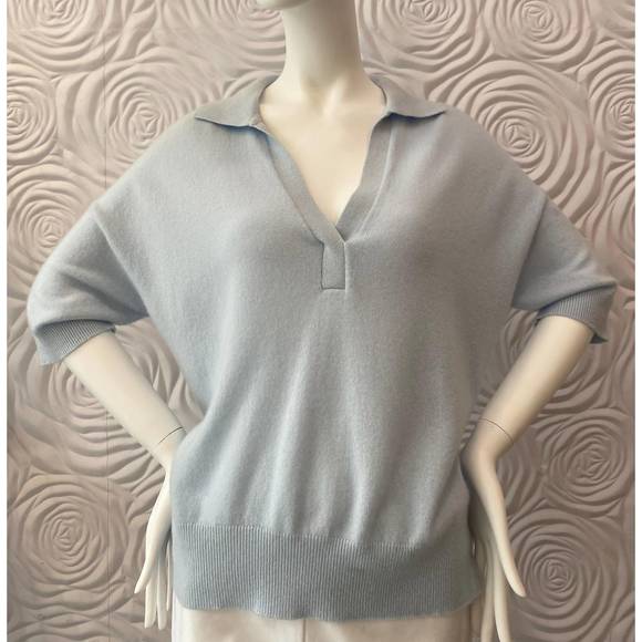 NEW WHITE + WARREN cashmere elbow sleeve polo sweater in calm water - Picture 1 of 3